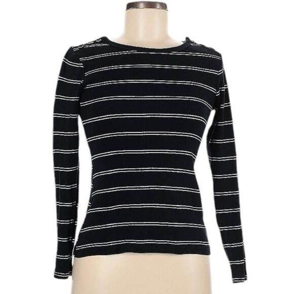 FRAME 3/4 sleeve black/white striped round neck long sleeve top - Medium - Picture 1 of 7